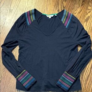 Boden size 6 small Bohemian Embroidered Navy Blue Long Sleeve V neck Top